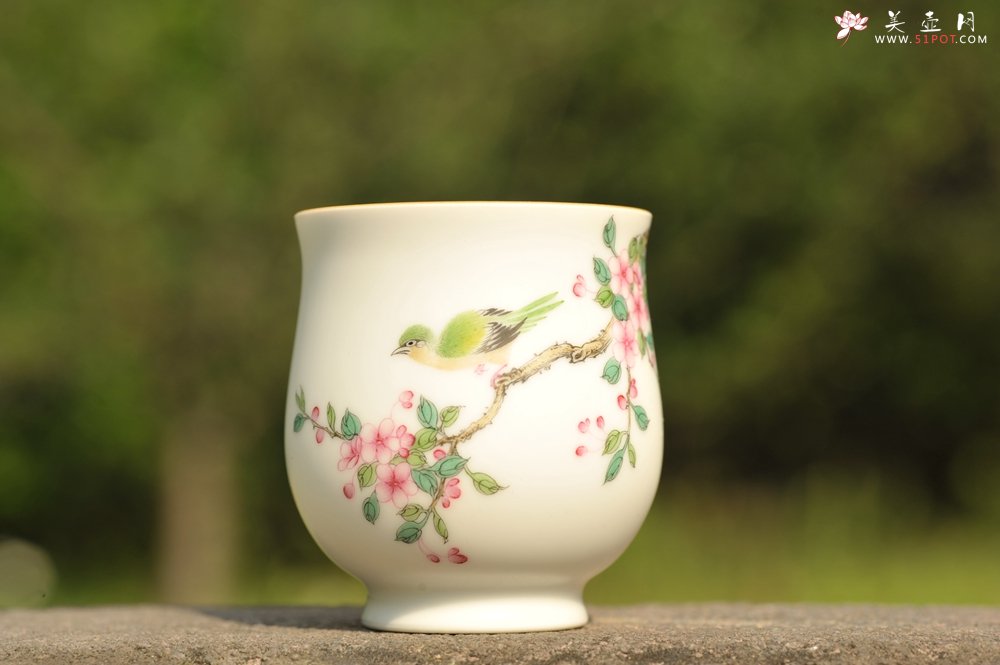 紫砂壶图片：新彩玉光白釉花鸟1 景德镇主人杯 - 全手工紫砂壶网