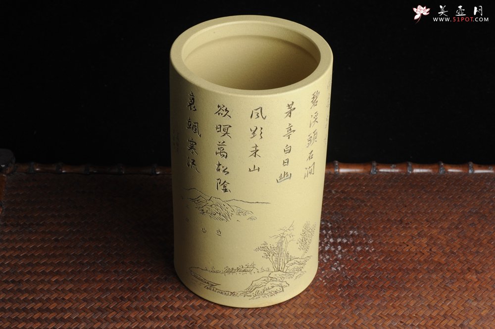 紫砂壶图片：美筒特惠 精品山水高帽笔筒六式 偶来独坐碧溪头 石涧茅亭白日幽 老师不打草稿直接空刻 一气呵成 - 全手工紫砂壶网