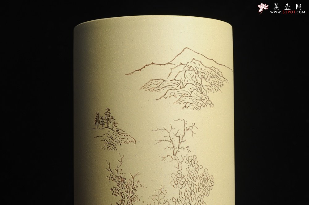 紫砂壶图片：美筒特惠 精品山水高帽笔筒五式  老师不打草稿直接空刻 一气呵成 - 全手工紫砂壶网