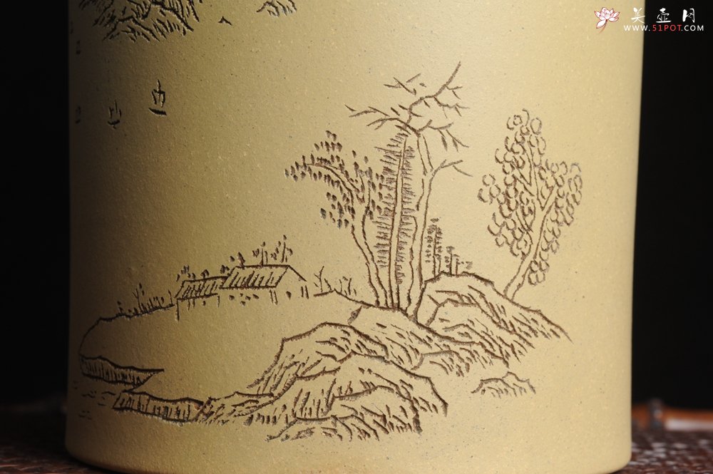 紫砂壶图片：美筒特惠 精品山水高帽笔筒六式 偶来独坐碧溪头 石涧茅亭白日幽 老师不打草稿直接空刻 一气呵成 - 全手工紫砂壶网