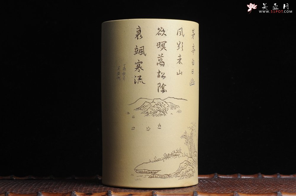 紫砂壶图片：美筒特惠 精品山水高帽笔筒六式 偶来独坐碧溪头 石涧茅亭白日幽 老师不打草稿直接空刻 一气呵成 - 全手工紫砂壶网