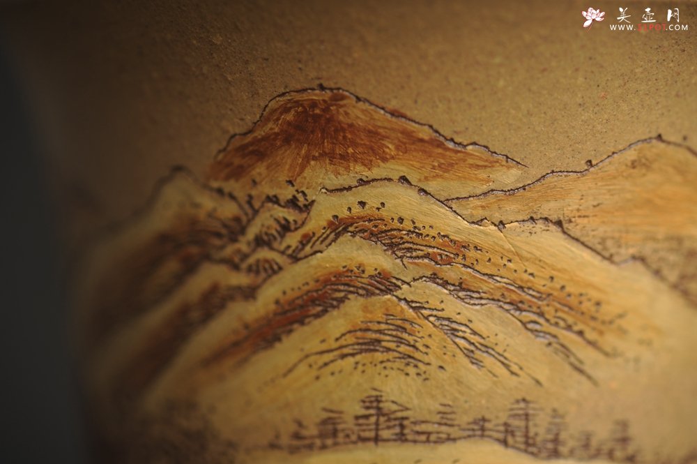 紫砂壶图片：美杯国庆特惠 精品好泥好工好刻雅致泥绘山水主人杯 茶人醉爱 - 全手工紫砂壶网