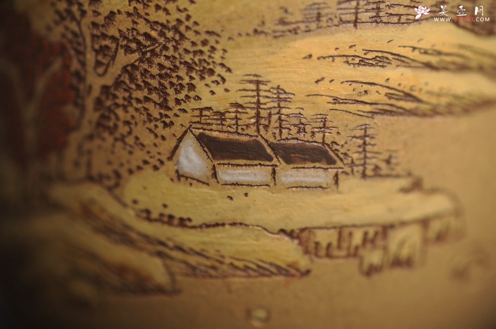 紫砂壶图片：美杯国庆特惠 精品好泥好工好刻雅致泥绘山水主人杯 茶人醉爱 - 全手工紫砂壶网