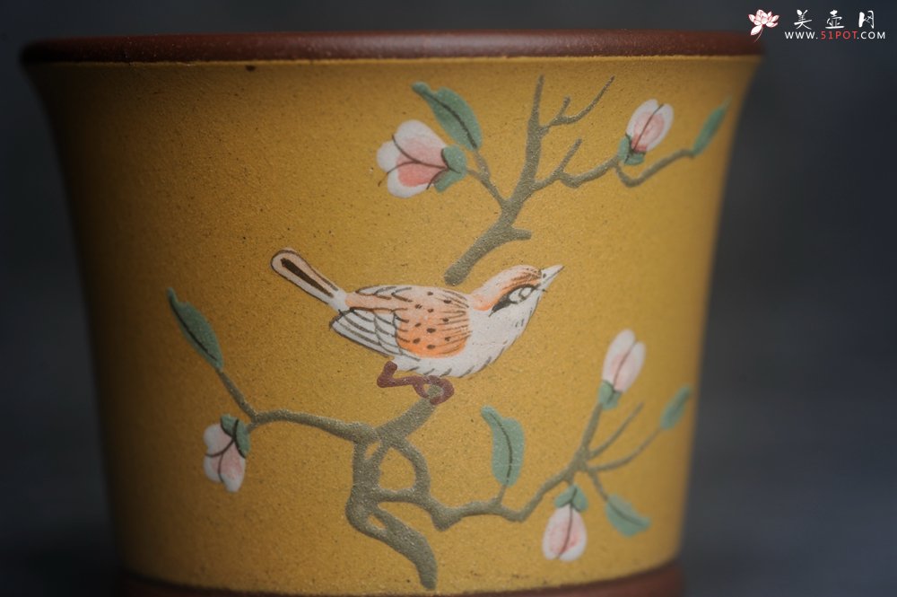 紫砂壶图片：美美杯特惠 精致花鸟紫砂杯 紫泥粉黄金段泥主人杯 茶杯 特文气 - 全手工紫砂壶网