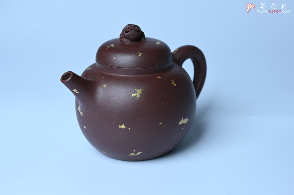 紫砂壶图片：潜力股周小培 全手工原创招财壶200cc 金蟾屹立于壶盖 撒金工艺铺满壶身 寓意黄金落满地 招财进宝 - 全手工紫砂壶网
