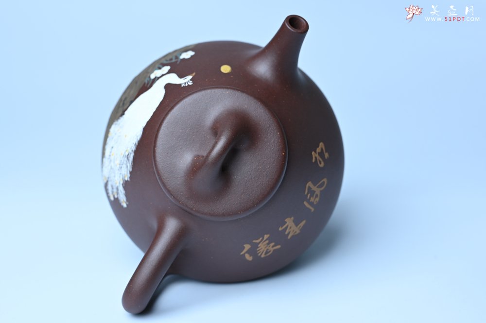 紫砂壶图片：实力派工艺师周斌全手工紫玉金砂子冶石瓢 刻绘孔雀 特文气 - 全手工紫砂壶网