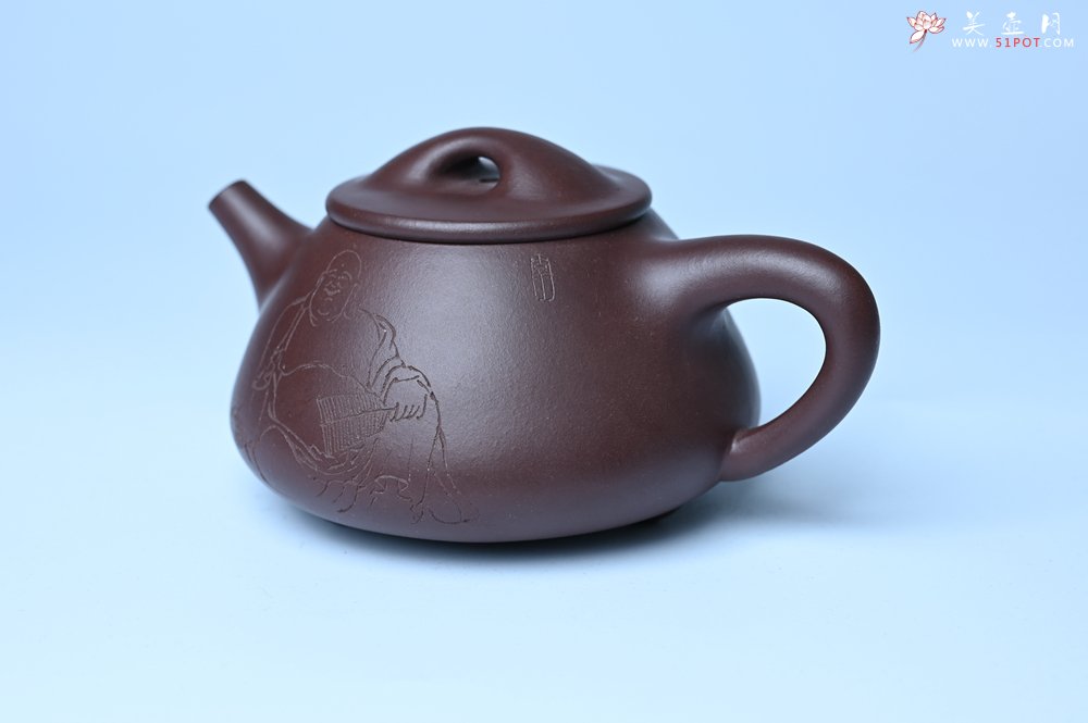紫砂壶图片：油润底曹青 全手工景舟小石瓢 装饰人物 特文气 - 全手工紫砂壶网