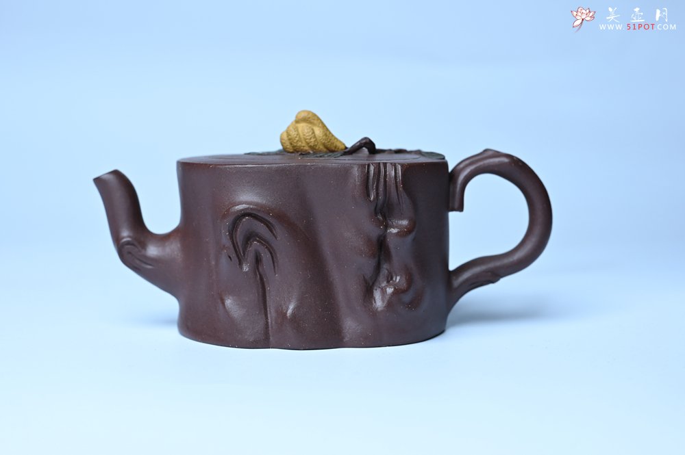 紫砂壶图片：美壶特惠 精致老紫泥佛手壶 肌理生动 底部刻佛手祥云特文气 - 全手工紫砂壶网