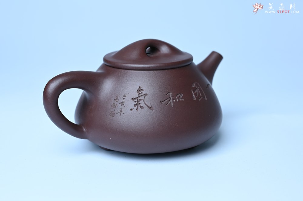 紫砂壶图片：油润底曹青 全手工景舟小石瓢 装饰人物 特文气 - 全手工紫砂壶网