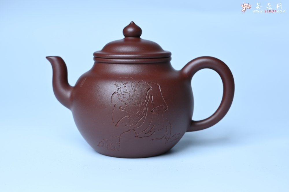 紫砂壶图片：油润黄龙山4号深井红皮龙 全手工高灯壶 文气装饰人物 道法自然 - 全手工紫砂壶网
