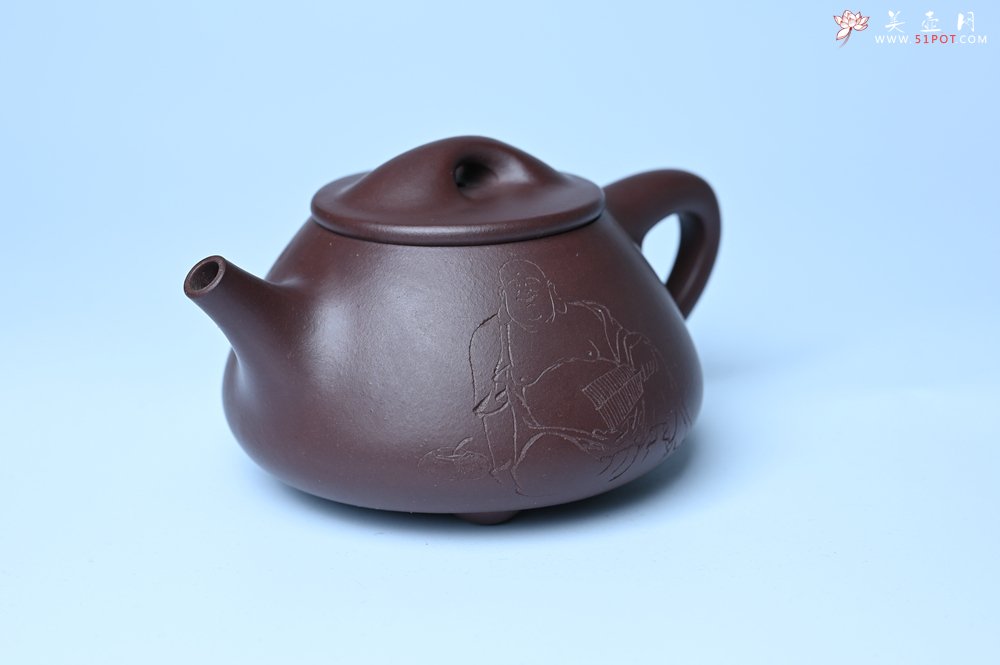 紫砂壶图片：油润底曹青 全手工景舟小石瓢 装饰人物 特文气 - 全手工紫砂壶网