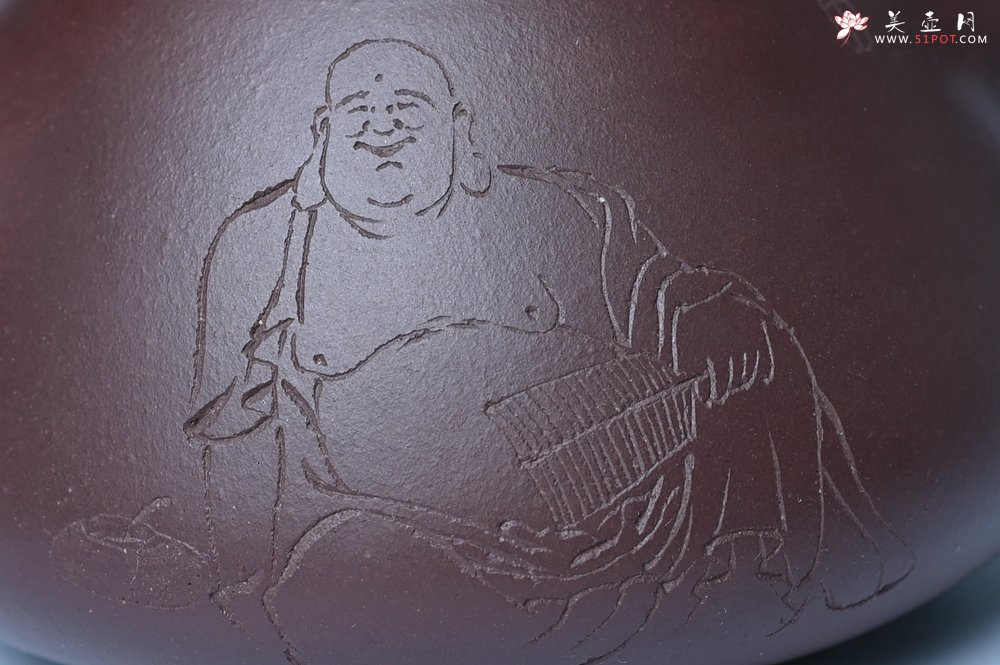 紫砂壶图片：油润底曹青 全手工景舟小石瓢 装饰人物 特文气 - 全手工紫砂壶网