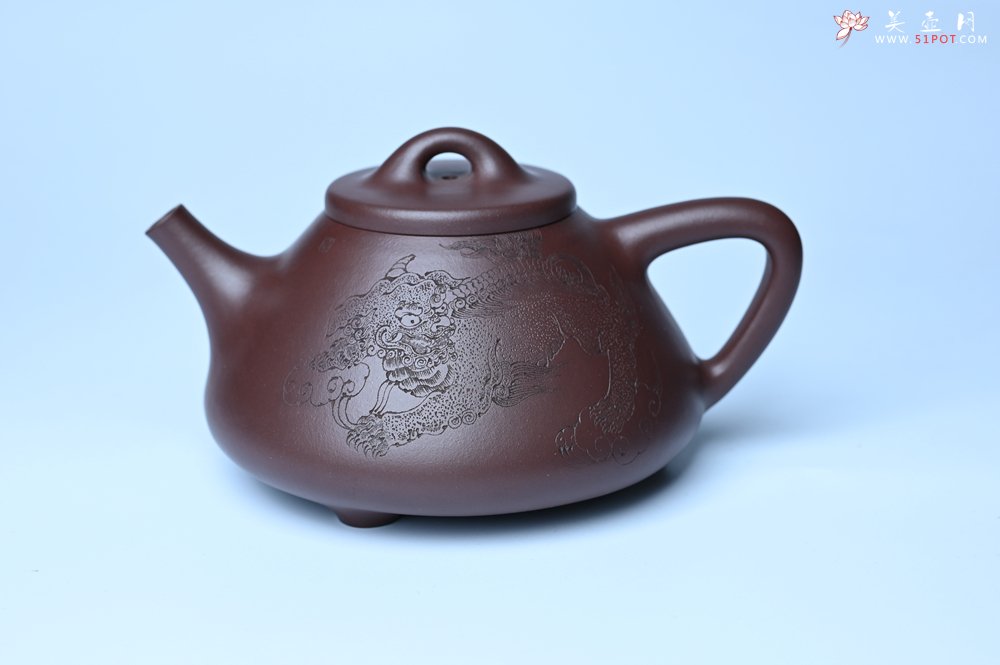 紫砂壶图片：特油润底曹青 全手工子冶石瓢 助工装饰菩萨坐骑瑞兽 - 全手工紫砂壶网