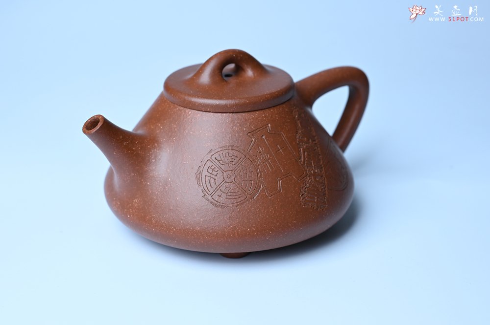 紫砂壶图片：潜力股周小培全手工降坡泥子冶石瓢 范小君徒杨志超装饰古钱币 饮之延年 特文气 - 全手工紫砂壶网