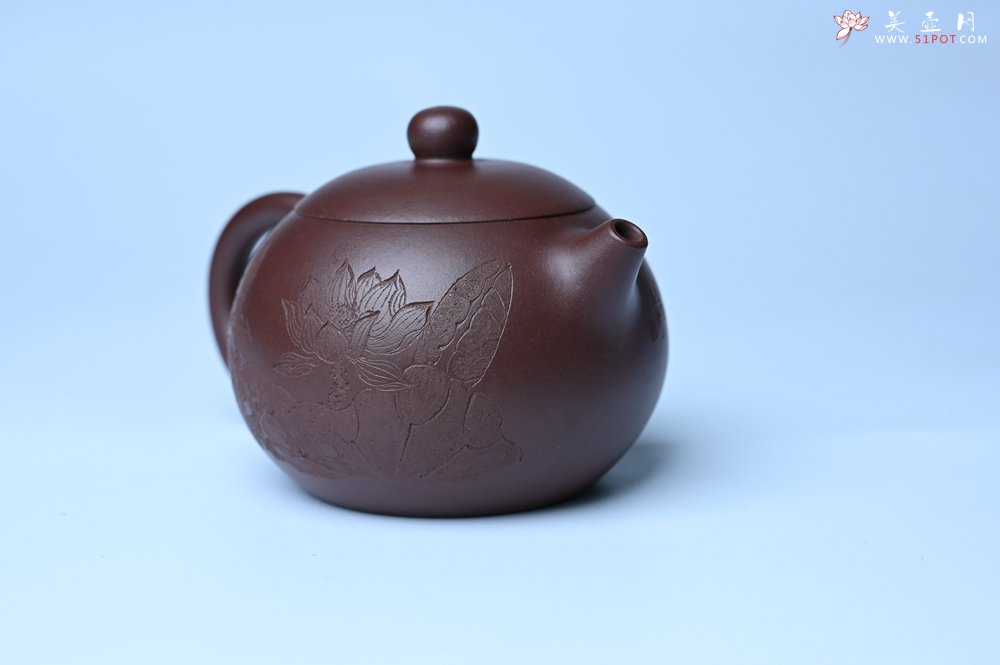 紫砂壶图片：油润底曹青 全手工西施茶壶 玉洁冰清 接天莲叶无穷碧 映日荷花别样红 - 全手工紫砂壶网