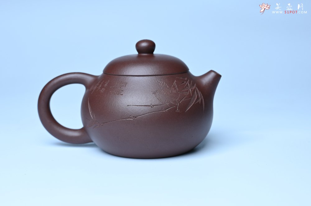 紫砂壶图片：油润底曹青 全手工文旦茶壶 细写茶经煮香雪 闲趣图 特文气 期待与亲结缘 - 全手工紫砂壶网