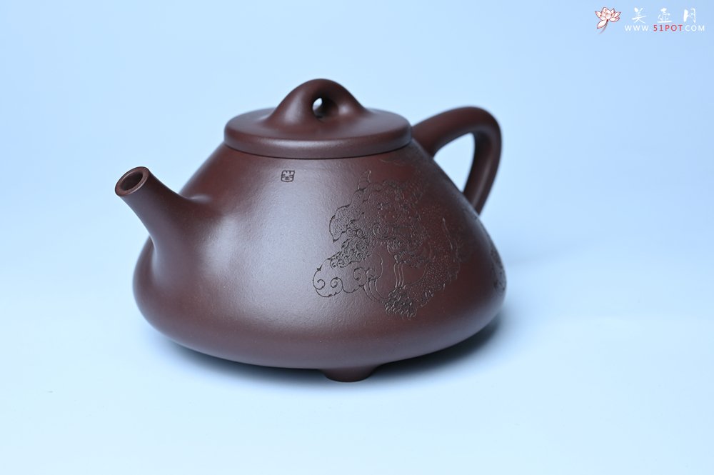 紫砂壶图片：特油润底曹青 全手工子冶石瓢 助工装饰菩萨坐骑瑞兽 - 全手工紫砂壶网