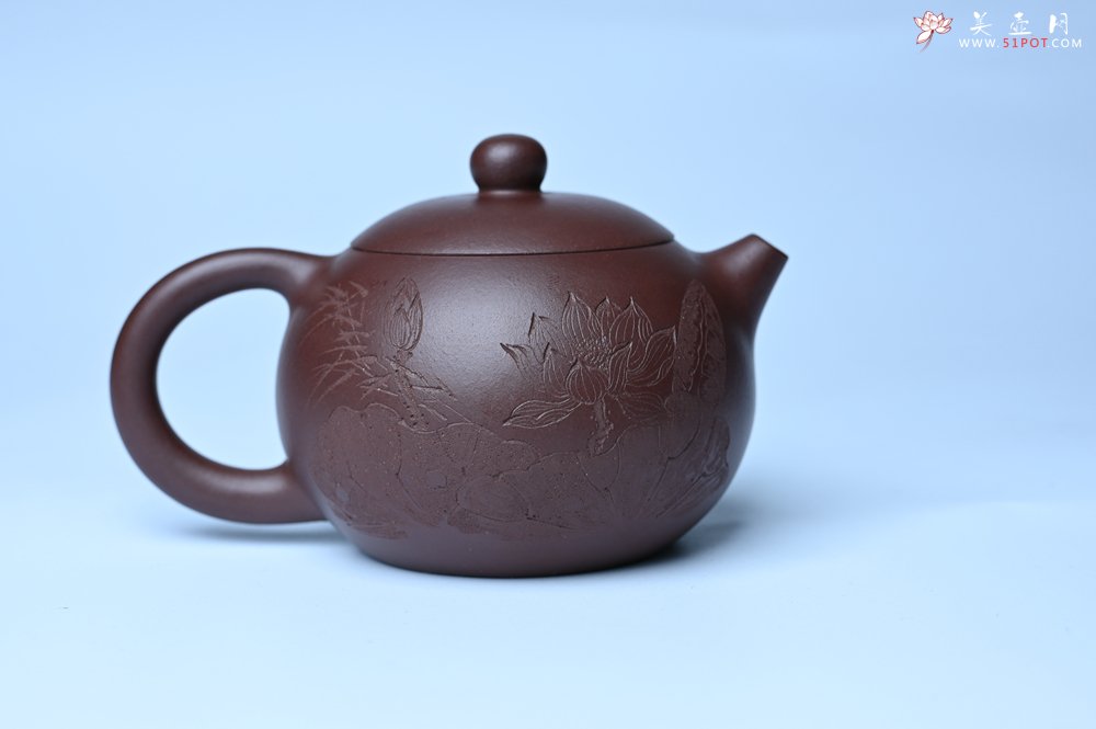 紫砂壶图片：油润底曹青 全手工西施茶壶 玉洁冰清 接天莲叶无穷碧 映日荷花别样红 - 全手工紫砂壶网
