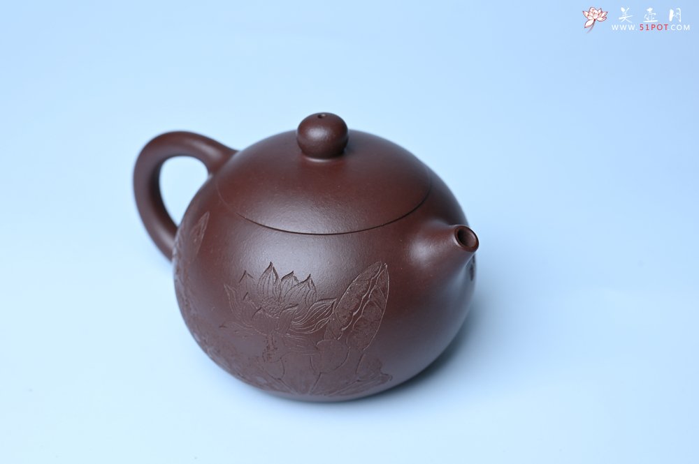 紫砂壶图片：油润底曹青 全手工西施茶壶 玉洁冰清 接天莲叶无穷碧 映日荷花别样红 - 全手工紫砂壶网
