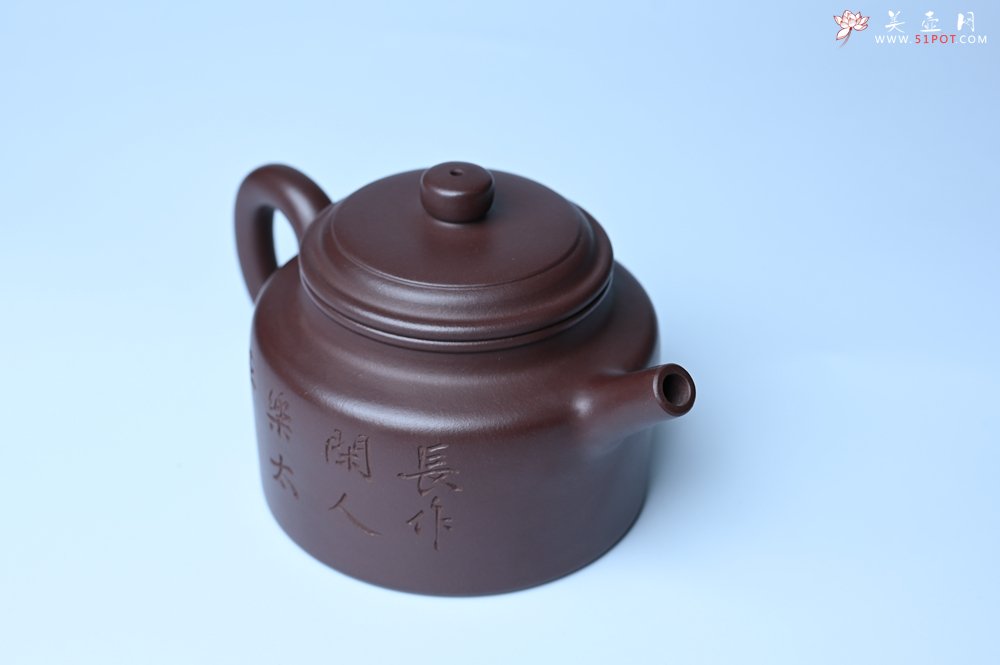 紫砂壶图片：油润底曹青 全手工德中茶壶 装饰人物特文气 - 全手工紫砂壶网