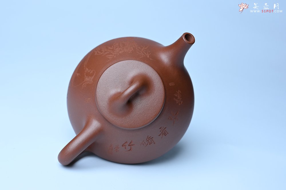 紫砂壶图片：特好底曹青 全手工小子冶石瓢 抚琴看修竹 装饰特文气 期待与亲结缘 - 全手工紫砂壶网