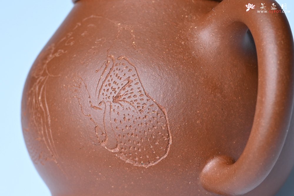 紫砂壶图片：美壶特惠 王老师 全手工红降坡泥潘壶 国助工 易轩 范小君徒杨志老师刻绘 装饰小富贵特文气 - 全手工紫砂壶网