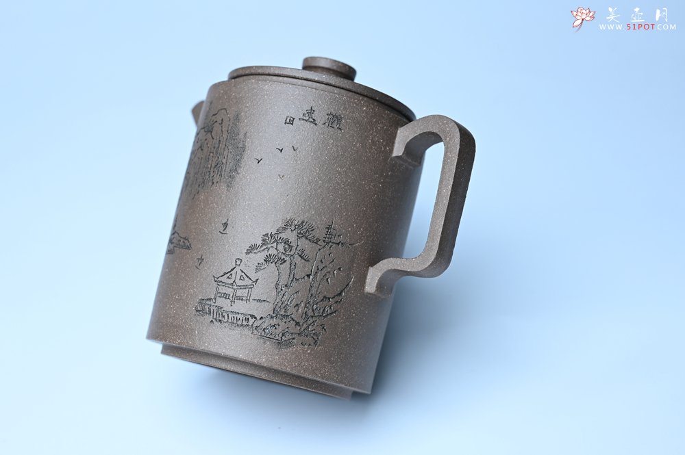 紫砂壶图片：美壶特惠 蠡墅大水潭深井老天青泥 精致圆础壶 装饰山水 茶人醉爱 - 全手工紫砂壶网