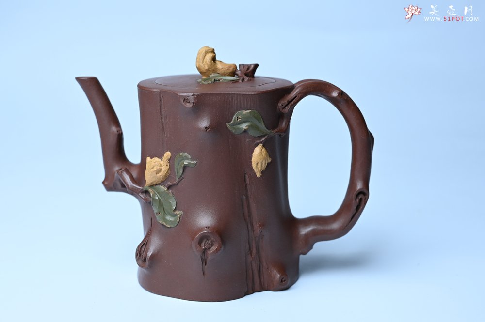 紫砂壶图片：潜力股赵老师 优质紫泥全手工佛手桩紫砂壶 三色帖叶生动 佛手灵动 - 全手工紫砂壶网