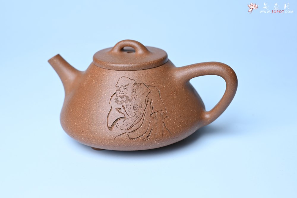 紫砂壶图片：油润五彩段泥 全手工薄胎子冶石瓢 难度大 骨肉匀挺 文气装饰罗汉图 无为 - 全手工紫砂壶网