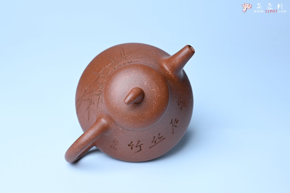 紫砂壶图片：美壶特惠 潜力股王老师 全手工拍打成型茄瓢壶 装饰居不可无竹 特文气 - 全手工紫砂壶网