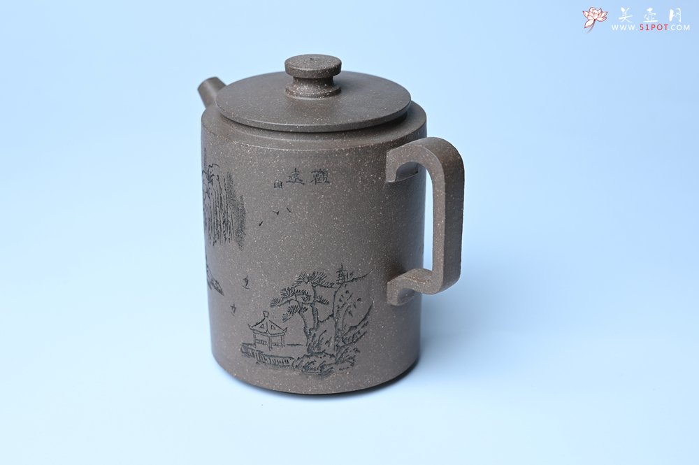 紫砂壶图片：美壶特惠 蠡墅大水潭深井老天青泥 精致圆础壶 装饰山水 茶人醉爱 - 全手工紫砂壶网