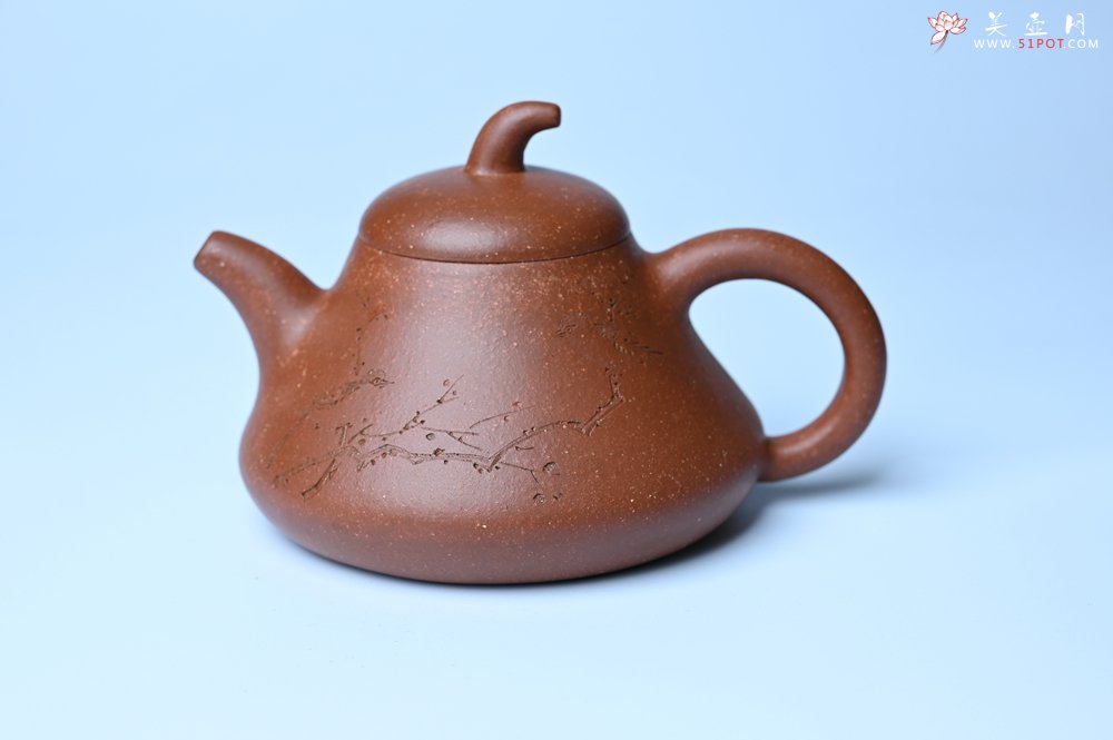 紫砂壶图片：美壶特惠 潜力股王老师 全手工拍打成型茄瓢壶 装饰枯枝鸟 特文气 - 全手工紫砂壶网