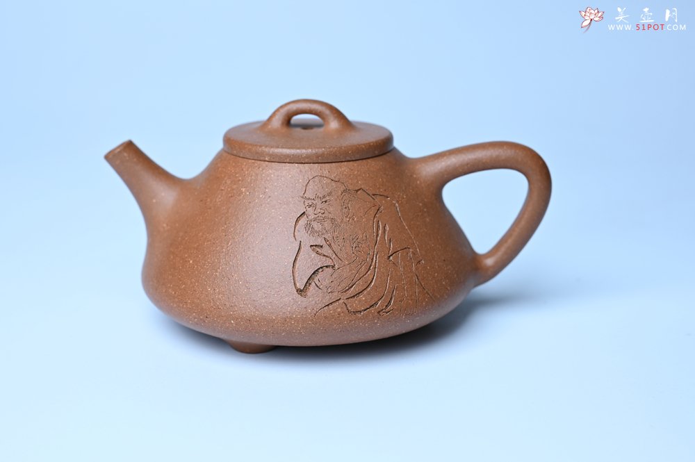 紫砂壶图片：油润五彩段泥 全手工薄胎子冶石瓢 难度大 骨肉匀挺 文气装饰罗汉图 无为 - 全手工紫砂壶网