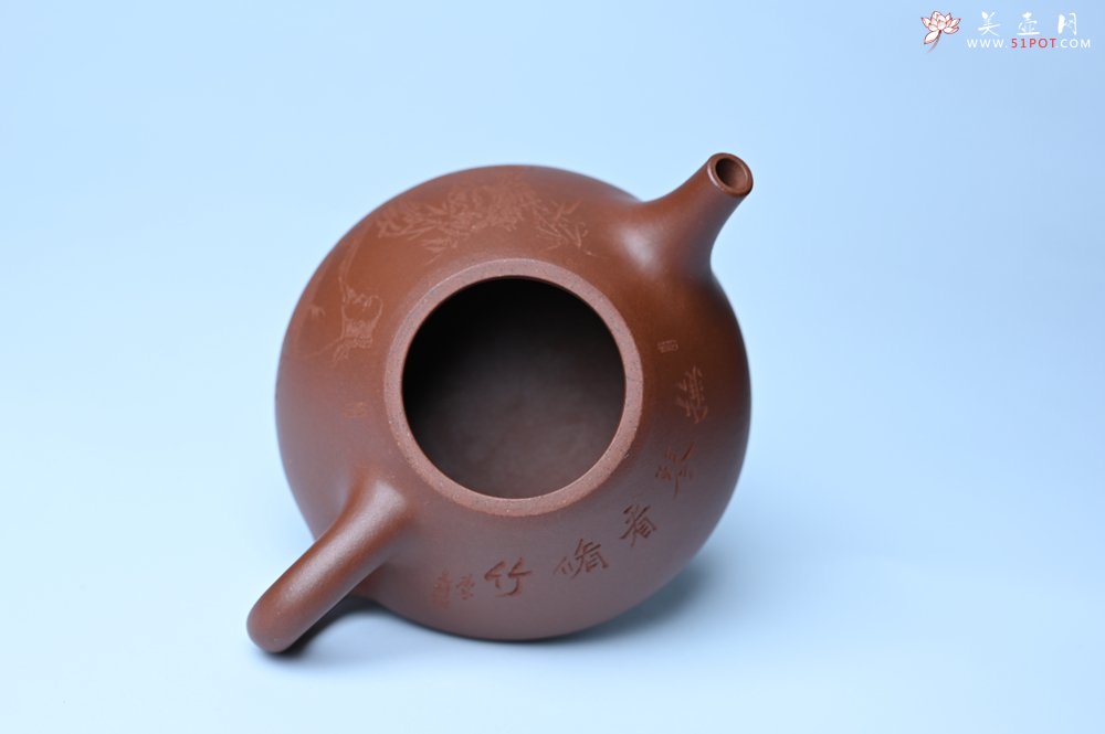 紫砂壶图片：特好底曹青 全手工小子冶石瓢 抚琴看修竹 装饰特文气 期待与亲结缘 - 全手工紫砂壶网