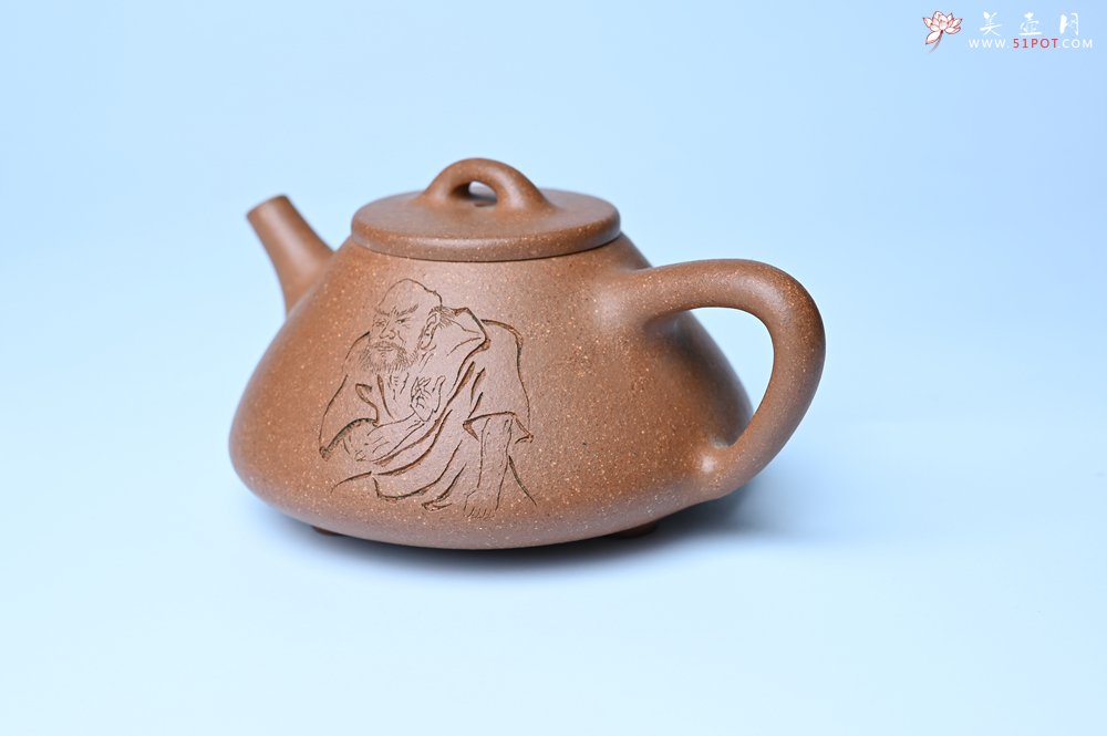 紫砂壶图片：油润五彩段泥 全手工薄胎子冶石瓢 难度大 骨肉匀挺 文气装饰罗汉图 无为 - 全手工紫砂壶网