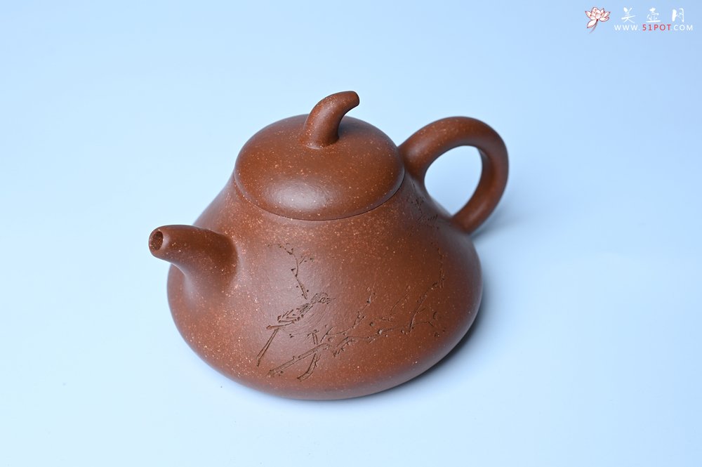 紫砂壶图片：美壶特惠 潜力股王老师 全手工拍打成型茄瓢壶 装饰枯枝鸟 特文气 - 全手工紫砂壶网