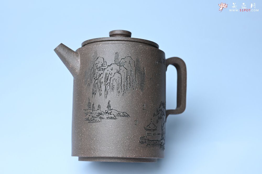 紫砂壶图片：美壶特惠 蠡墅大水潭深井老天青泥 精致圆础壶 装饰山水 茶人醉爱 - 全手工紫砂壶网