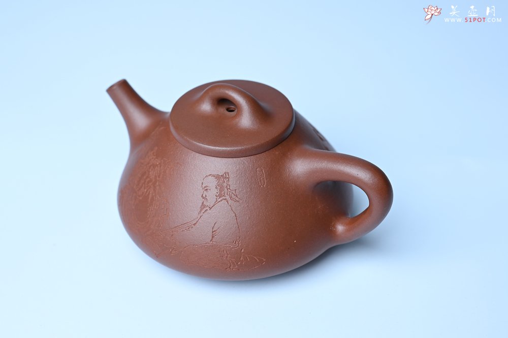 紫砂壶图片：特好底曹青 全手工小子冶石瓢 抚琴看修竹 装饰特文气 期待与亲结缘 - 全手工紫砂壶网