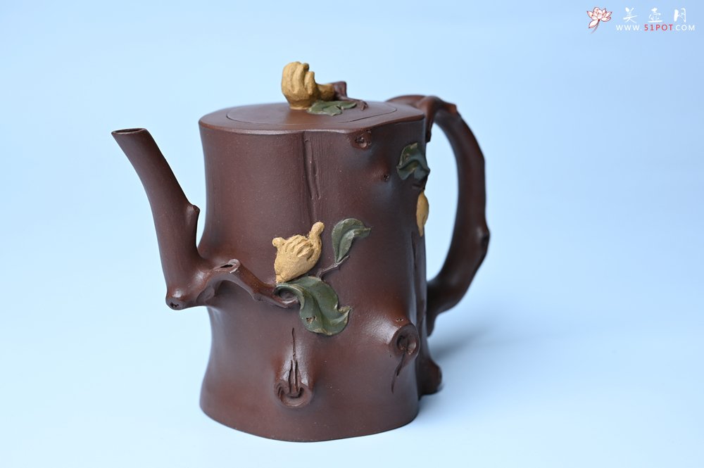 紫砂壶图片：潜力股赵老师 优质紫泥全手工佛手桩紫砂壶 三色帖叶生动 佛手灵动 - 全手工紫砂壶网