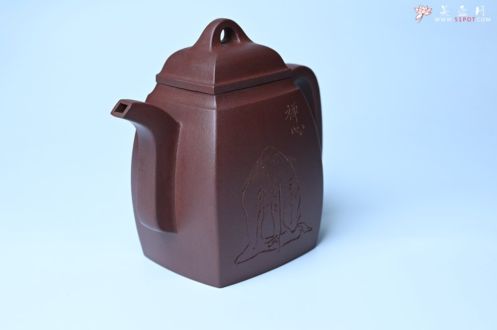 紫砂壶图片：全手工精致汉方壶 清池皓月照禅心 禅意浓浓 - 全手工紫砂壶网