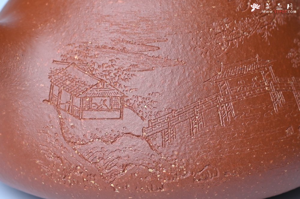 紫砂壶图片：实力派国工周斌（周镔）特好红降坡泥全手工子冶石瓢 张听钢装饰山水 - 全手工紫砂壶网